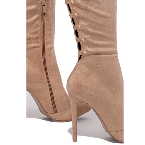 Taupe High Heel Open Back Corset Lace Up Thigh High Boot - Picture 4 of 10